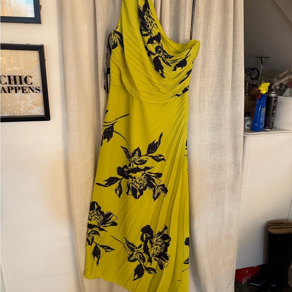 Nicole Miller One Shoulder Yellow Floral Dress